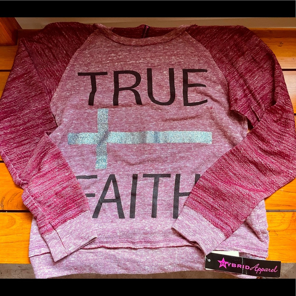 Off Shoulder “TRUE FAITH” long sleeve sweater.